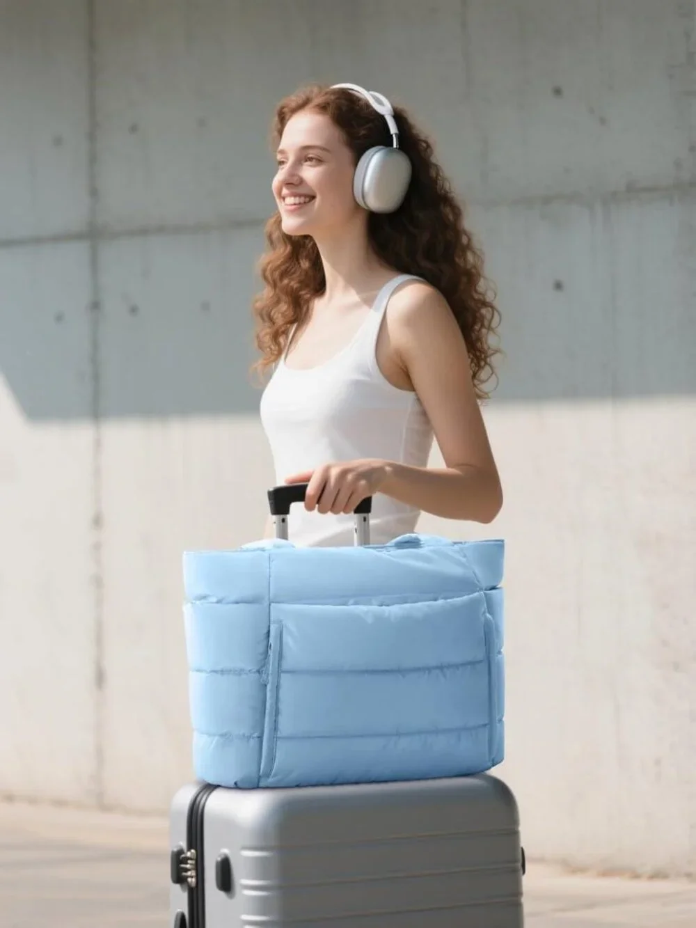 👜Women's Denim Blue Puffer Tote Bag 16 Pockets Work Gym Travel Laptop Handbag